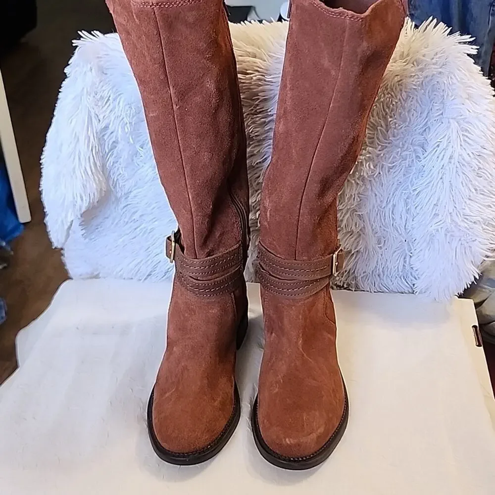 CLARKS NWOB MAYE SHINE BROWN LEATHER SUEDE BOOTS WITH BUCKLE ZIPPERS SIZE 7
